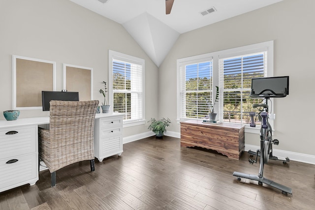 2072 Amenity Park Dr, Mount Pleasant, SC 29466 - office with a ceiling fan, dark wood-type flooring, baseboards, and vaulted ceiling