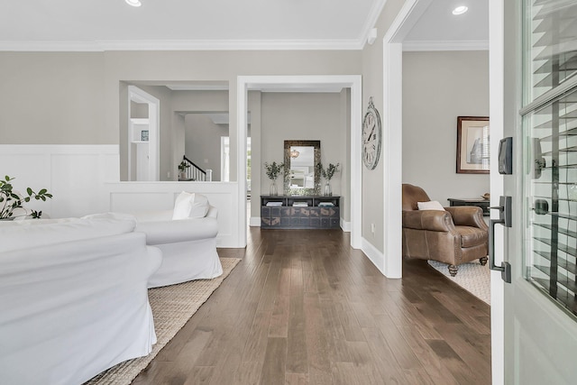 2072 Amenity Park Dr, Mount Pleasant, SC 29466 - entryway with dark wood-style floors, ornamental molding, a wainscoted wall, recessed lighting, and stairs