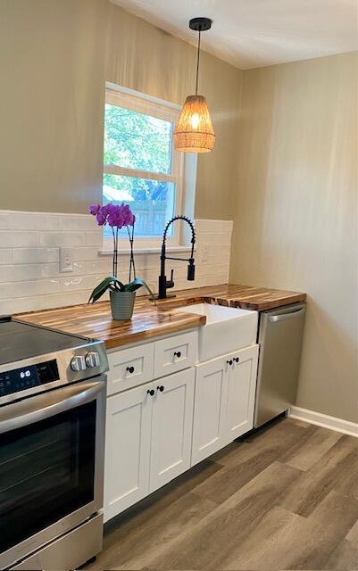 kitchen featuring butcher block countertops, a sink, tasteful backsplash, wood finished floors, and stainless steel appliances