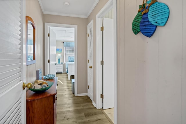 hall featuring crown molding and light hardwood / wood-style flooring