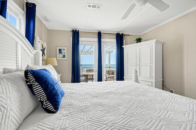 bedroom with crown molding, a water view, access to exterior, and ceiling fan