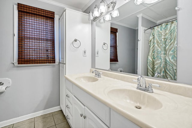 bathroom featuring vanity, ornamental molding, and tile patterned floors