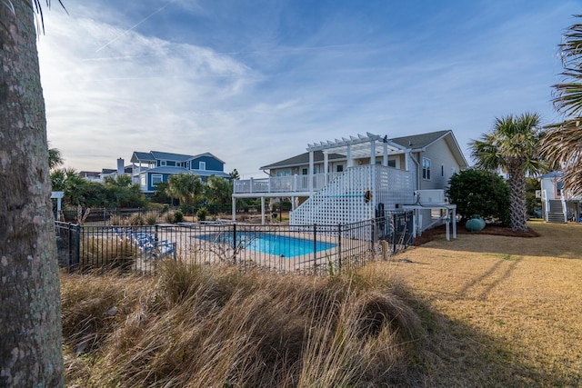 view of swimming pool featuring cooling unit, a pergola, and a lawn