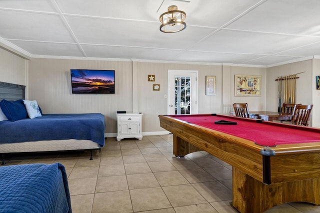 game room featuring crown molding, pool table, and tile patterned floors