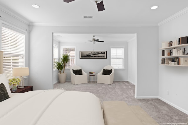 bedroom with recessed lighting, carpet flooring, visible vents, baseboards, and crown molding