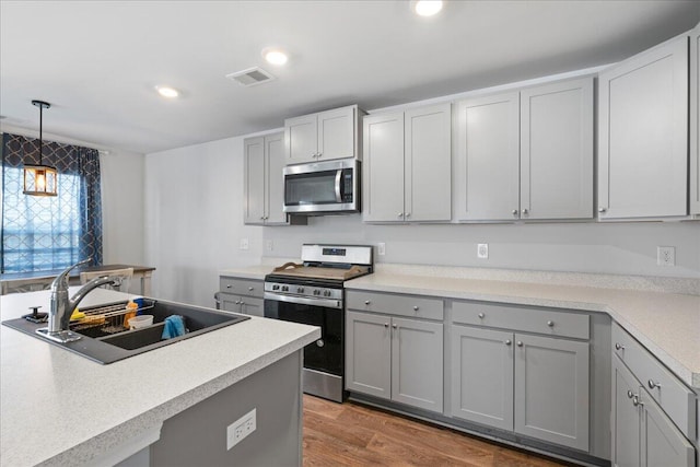 kitchen with gray cabinetry, hardwood / wood-style flooring, decorative light fixtures, appliances with stainless steel finishes, and sink