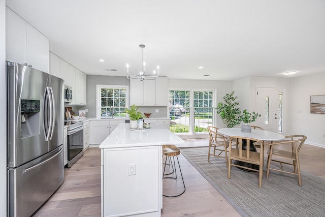 kitchen featuring a center island, white cabinetry, stainless steel appliances, and a wealth of natural light