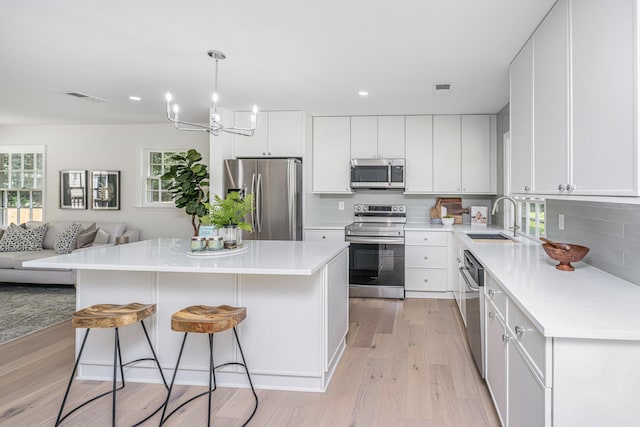 kitchen featuring a center island, white cabinets, sink, appliances with stainless steel finishes, and light hardwood / wood-style floors