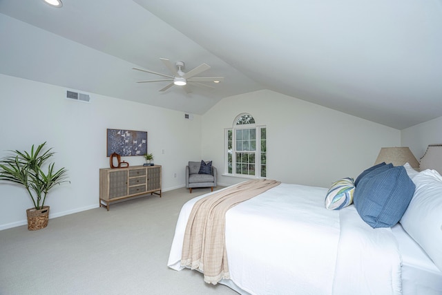 carpeted bedroom featuring ceiling fan and lofted ceiling