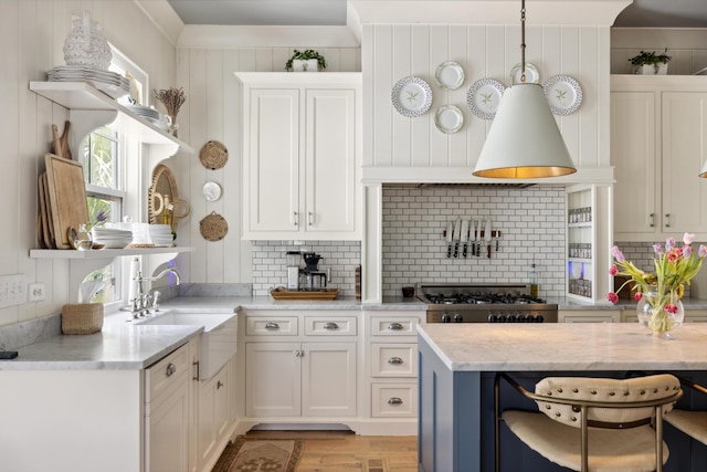 732 Gate Post Dr, Mount Pleasant, SC 29464 - kitchen featuring open shelves, backsplash, light wood-type flooring, and white cabinetry