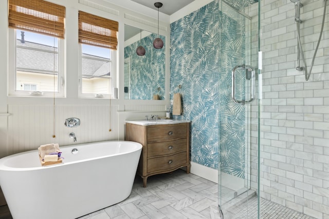 732 Gate Post Dr, Mount Pleasant, SC 29464 - full bathroom featuring a stall shower, a freestanding bath, vanity, wainscoting, and wallpapered walls