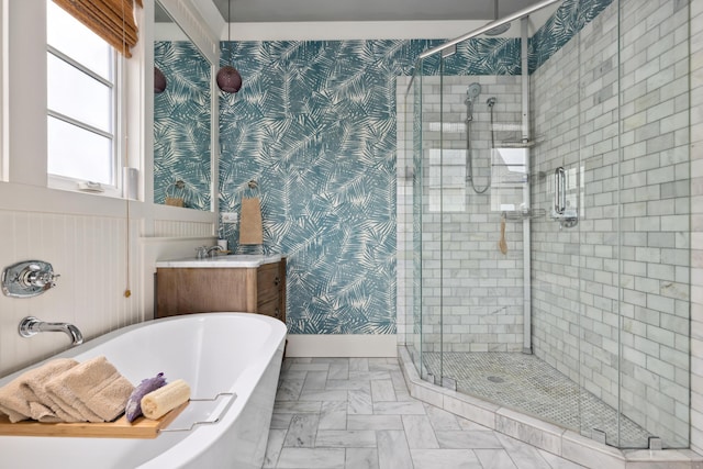 732 Gate Post Dr, Mount Pleasant, SC 29464 - full bath with a shower stall, a soaking tub, wallpapered walls, and vanity