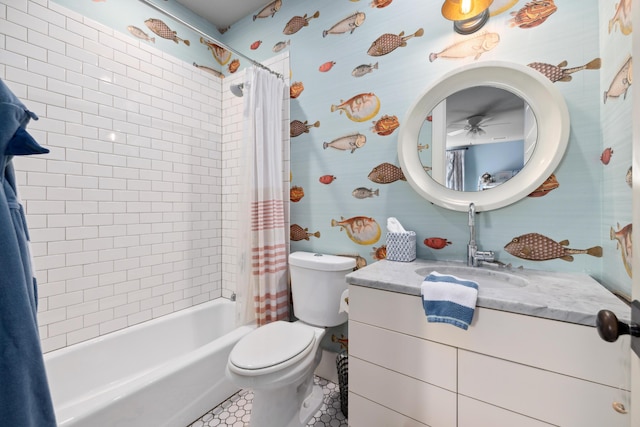 732 Gate Post Dr, Mount Pleasant, SC 29464 - bathroom featuring shower / bathtub combination with curtain, vanity, wallpapered walls, and tile patterned floors