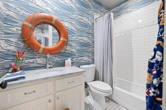 732 Gate Post Dr, Mount Pleasant, SC 29464 - bathroom featuring wallpapered walls, vanity, shower / bath combination with curtain, and tile patterned floors