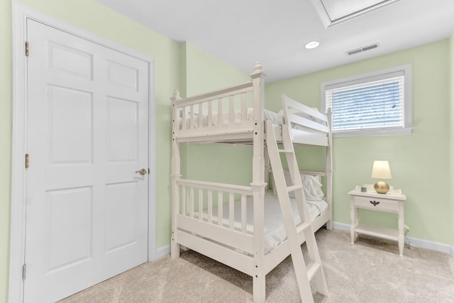 bedroom featuring visible vents, recessed lighting, baseboards, and carpet floors