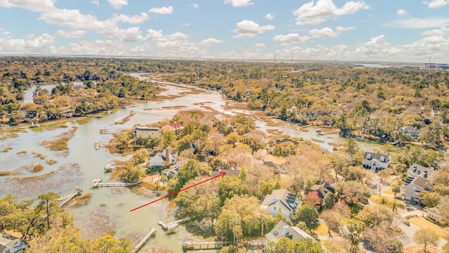 bird's eye view with a water view