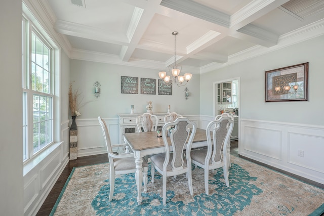 dining room with beamed ceiling, crown molding, dark hardwood / wood-style flooring, a notable chandelier, and coffered ceiling