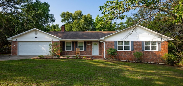 6427 Quimby Rd, Dalzell, SC 29040 - ranch-style house with brick siding, an attached garage, concrete driveway, and a chimney