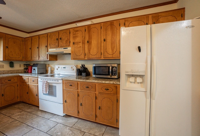 6427 Quimby Rd, Dalzell, SC 29040 - kitchen with white appliances, under cabinet range hood, a textured ceiling, brown cabinetry, and crown molding