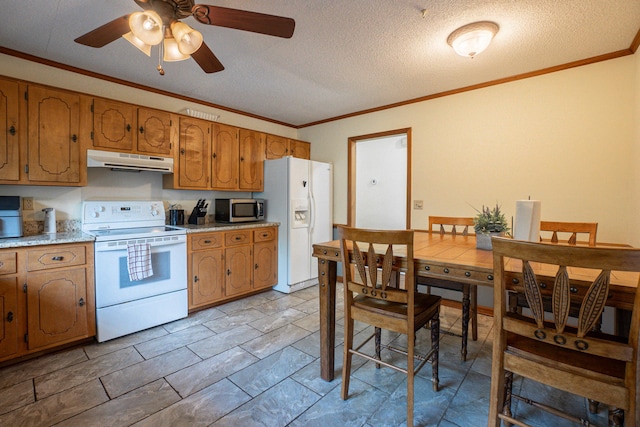 6427 Quimby Rd, Dalzell, SC 29040 - kitchen featuring under cabinet range hood, white appliances, crown molding, brown cabinetry, and ceiling fan