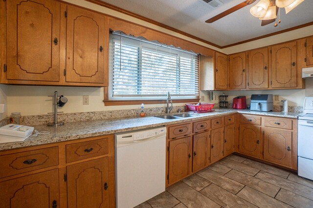 6427 Quimby Rd, Dalzell, SC 29040 - kitchen featuring white dishwasher, a sink, a ceiling fan, light countertops, and under cabinet range hood