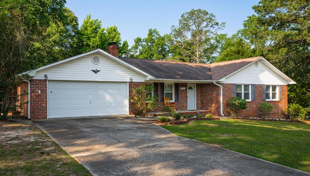 6427 Quimby Rd, Dalzell, SC 29040 - ranch-style home with brick siding, driveway, a garage, a chimney, and covered porch