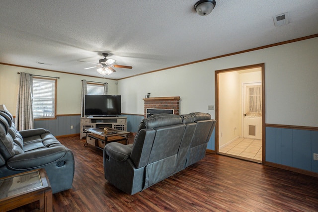 6427 Quimby Rd, Dalzell, SC 29040 - living room with a wainscoted wall, wood finished floors, ceiling fan, crown molding, and a textured ceiling