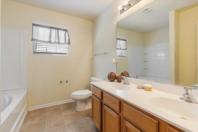 full bathroom featuring toilet, vanity, and  shower combination