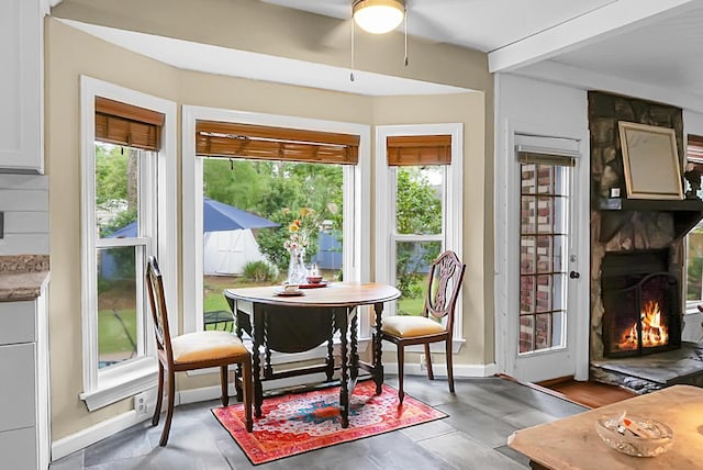 49 Crosscreek Dr, Charleston, SC 29412 - dining area with a fireplace, plenty of natural light, ceiling fan, and baseboards