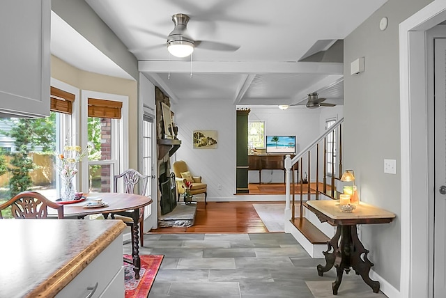 49 Crosscreek Dr, Charleston, SC 29412 - foyer entrance featuring ceiling fan, beamed ceiling, stairway, and baseboards