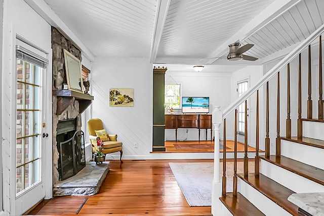 49 Crosscreek Dr, Charleston, SC 29412 - foyer entrance with hardwood / wood-style flooring, stairs, a ceiling fan, beam ceiling, and baseboards
