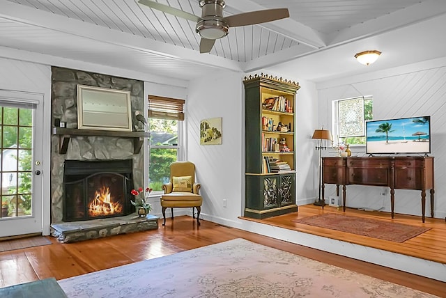 49 Crosscreek Dr, Charleston, SC 29412 - living area featuring hardwood / wood-style flooring, healthy amount of natural light, a fireplace, and beamed ceiling