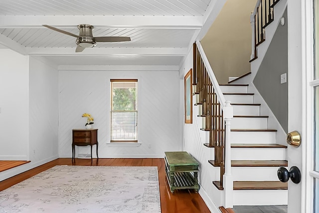 49 Crosscreek Dr, Charleston, SC 29412 - foyer entrance featuring beam ceiling, a ceiling fan, wood finished floors, stairway, and baseboards