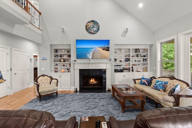8605 Refuge Point Cir N, Charleston, SC 29420 - living room with high vaulted ceiling, built in features, a premium fireplace, and wood finished floors