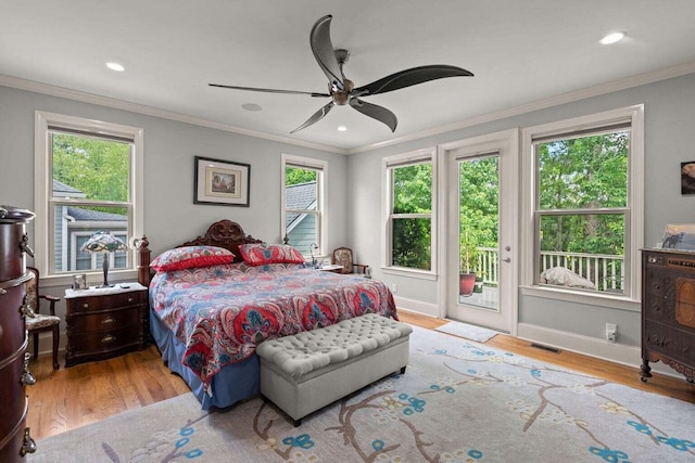 8605 Refuge Point Cir N, Charleston, SC 29420 - bedroom featuring access to outside, wood finished floors, crown molding, recessed lighting, and a ceiling fan