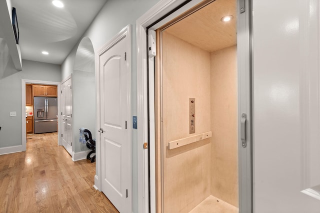 8605 Refuge Point Cir N, Charleston, SC 29420 - hallway featuring light wood-style floors, recessed lighting, baseboards, and elevator
