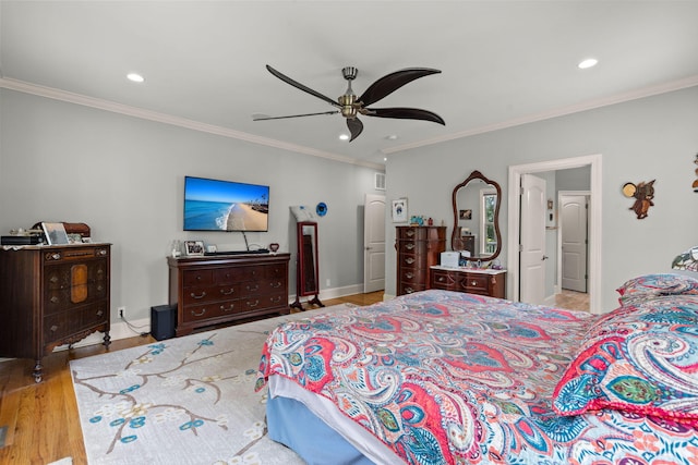 8605 Refuge Point Cir N, Charleston, SC 29420 - bedroom featuring crown molding, recessed lighting, baseboards, wood finished floors, and a ceiling fan