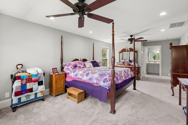 8605 Refuge Point Cir N, Charleston, SC 29420 - bedroom with light carpet, recessed lighting, baseboards, a ceiling fan, and ensuite bathroom