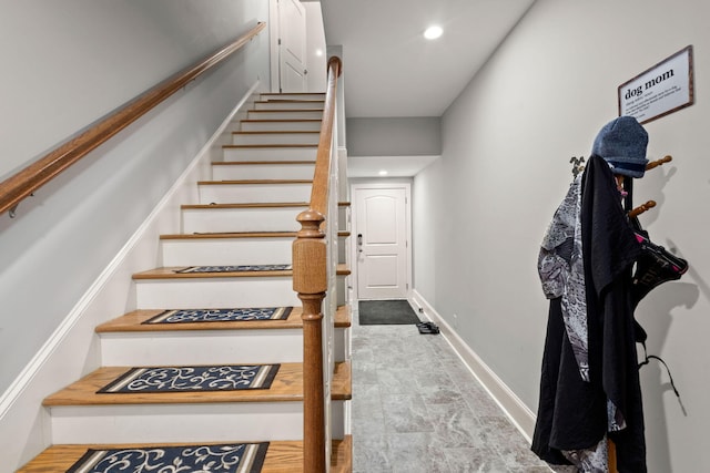 8605 Refuge Point Cir N, Charleston, SC 29420 - stairway with recessed lighting, stone finish floors, and baseboards