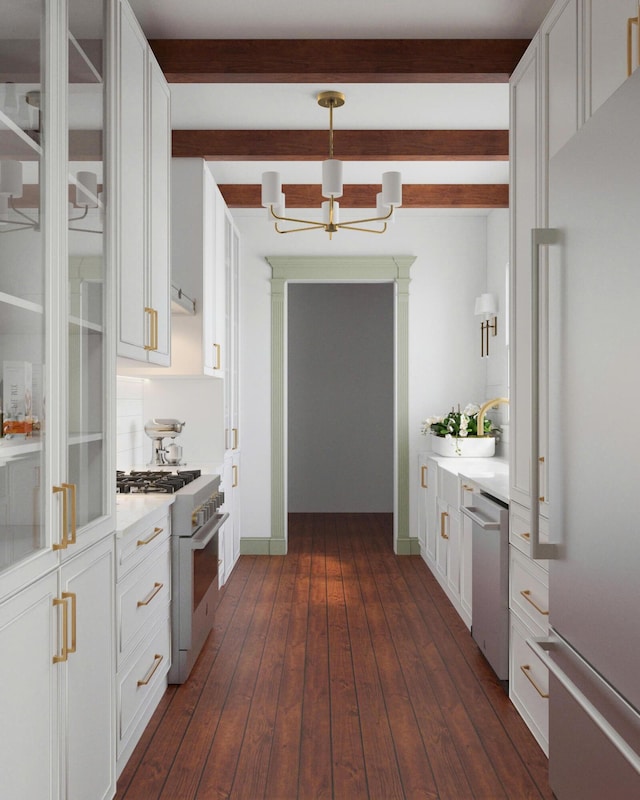 kitchen featuring stainless steel dishwasher, fridge, an inviting chandelier, gas stove, and white cabinets