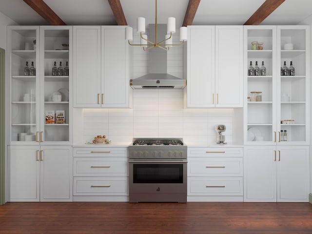kitchen with a notable chandelier, stainless steel range, light countertops, white cabinets, and beam ceiling