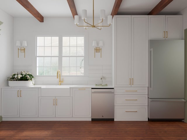 kitchen with high quality fridge, a notable chandelier, dishwasher, beamed ceiling, and light countertops