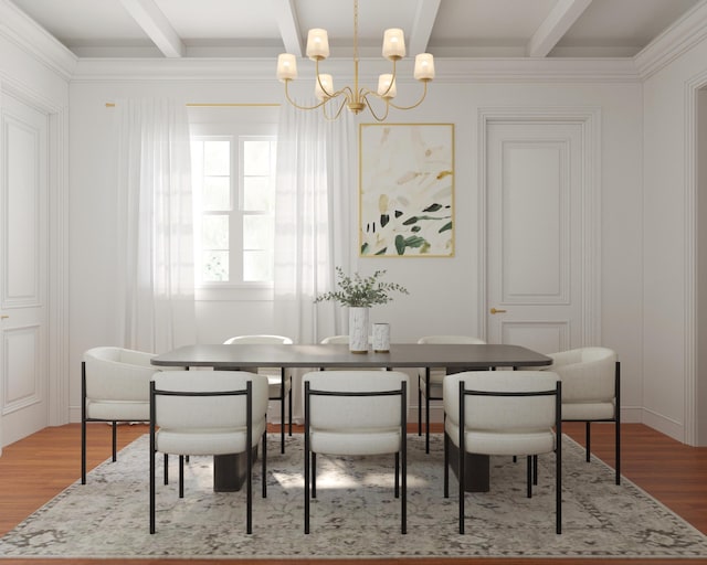 dining area with ornamental molding, beamed ceiling, a notable chandelier, and wood finished floors