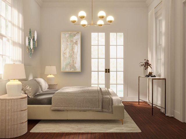 bedroom featuring an inviting chandelier, ornamental molding, and wood finished floors