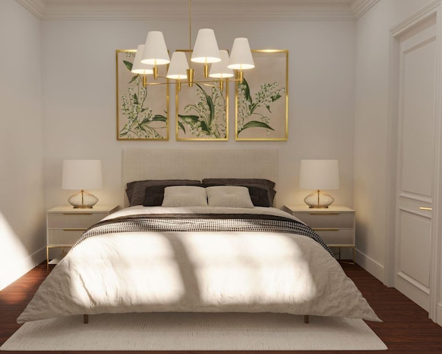 bedroom with baseboards, ornamental molding, and dark wood finished floors