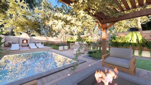 view of swimming pool featuring an outdoor living space with a fireplace, fence, and a wooden deck