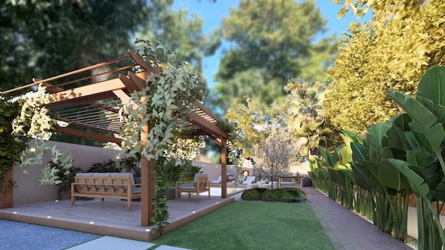 view of home's community featuring a yard, fence, a pergola, and a deck