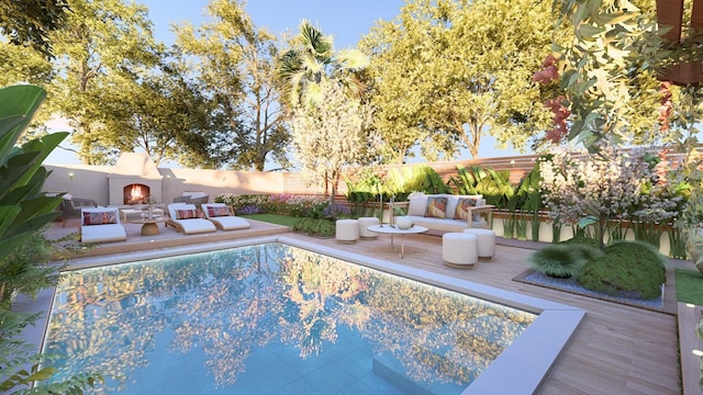 view of pool with a fenced backyard, a wooden deck, an outdoor living space with a fireplace, and a fenced in pool