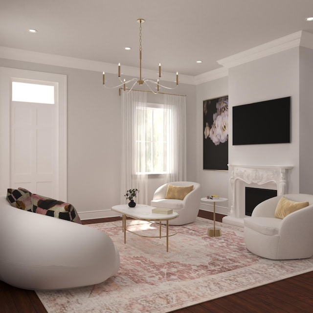 living area featuring recessed lighting, baseboards, a chandelier, crown molding, and wood finished floors