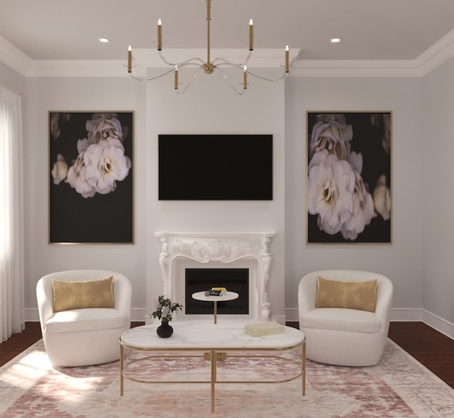 living area with wood finished floors, a fireplace, a chandelier, crown molding, and baseboards